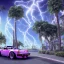 Placeholder: 1980's aesthetic vaporwave palm trees and spheres and Porsche with lightning