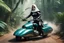 Placeholder: (high res photo by unknown surrealist artist) scifi Princess as a tattooed gangsta nun in her iconic outfit, she is driving a speeder moto in the jungle, aiming with her scifi rigle in hand, ready to shoot