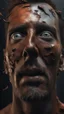 Placeholder: Busch painting style nightmare, a zoomed top view of a man his head is a broken rusted metallic skin texture in a 3d rendering full-height image of a grim and dark scene. Ensure the final images exhibit the utmost quality, encompassing 4K, 8K, and 64K resolutions, with 3D rendering that manifests in photorealistic, hyperrealistic, and highly detailed representations. Employ techniques such as HDR, UHD,
