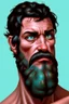 Placeholder: 4K Ultra-HD, Hyper realistic, in the style of Caravaggio - Fred Flintstone, handsome, fair skin, tan beard stubbles, black hair, thick black eyebrows and a large nose. broad shoulders and massive arms, He wears a raggedy, deep sky blue or an aqua teal-green necktie, and a short-sleeved orange and black-spotted loincloth with a torn hemline. -- cinema lighting,