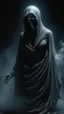 Placeholder: In a mesmerizing and ethereal manner, an otherworldly being emerges in the form of a translucent grey hood ghost. flowing smoky black robes. Forward facing