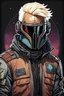 Placeholder: High Quality Science Fiction Character Portrait of an bounty hunter with bleached Hair in a Bomber Jacket. Illustrated in the Style of the Archer Tv Series. Wearing a Mandalorian helmet.
