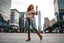 Placeholder: modern city a wide cross square a beautiful lady in nice pants and shirt pretty boots hip hop dancing city scape in background