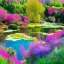 Placeholder: bright flowery landscape, cosmic atmosphere, blue lake, cascades, delicate flowers, perfect composition, 8k, super detailed,pink trees, fantasy art, complementary colours, intricate details