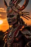 Placeholder: Striking portrait of Nantli warrior as anthropomorphic puma, adorned with intricately designed traditional armor and headdress. His face, painted with black and white patterns, radiates a fierce and determined expression. A red sun adorns his headdress, symbolizing strength and power. The background, a vast, golden desert landscape, with a sun setting behind some rocky outcrops. 8k