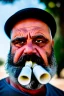 Placeholder: close up photography, dirty burly chubby Italian strong 48 years old homeless man, dripping milk from open mouth, dripping on the beard, with dirty tank top, emotional eyes, manly chest, photo, Canon EOS, lens 35mm, natural lights, 8K, in the morning