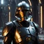 Placeholder: star wars bald male corellian pilot wearing pearlescent black and gunmetal grey First Order special forces heavy assault armor and helmet with gold trim inside the jedi temple, centered portrait, hyperdetailed, dynamic lighting, hyperdetailed background, 8k resolution, volumetric lighting, light skin, fully symmetric details