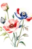 Placeholder: A minimalist watercolor painting of a group of peonies, marimonia, and anemones with a white background,