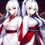 Placeholder: Clear focus, 8k, beautiful lighting, vibrant colors, girl, white hair, long hair, vibrant red eyes, ponytail, same twins, white hair, red eyes, same clothes, miko, hair in between the eyes,