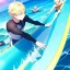 Placeholder: ONE anime blonde boy on a surfboard, riding the perfect waves, on a surfboard