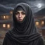 Placeholder: Hyper Realistic close-up-view of Beautiful Pashto Girl in niqab with beautiful hair & beautiful eyes fully-face-covered-in-black-dress-&-grey-shawl standing outside village-houses giving-bold-expressions on mountain-top at night with cloudy-moonlight showing dramatic & cinematic ambiance