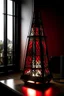 Placeholder: gaming table lamp inspired by burj khalifa tower buliding architecture futuristic-modern stlye. geometric form, red and black color scheme