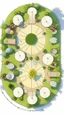 Placeholder: Create a floorplan for a garden of 8 wide and 6 deep. There must be a patch of grass of 2 by 4 meter and a space for a outdoor kitchen. There must be a round picknick table and two sunbeds.