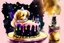 Placeholder: birthday cake, chibi dog in a beautiful kitchen, heart and love in the sunshine, watercolor and black ink outlines, sparkling golden glitter, ethereal, cinematic postprocessing, bokeh, dof