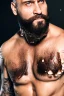 Placeholder: close up photography, dirty burly russian ugly strong 46 years old man, bullneck, milk falling from above, splashing and dripping milk in the face, milk dripping on the beard, with dirty tank top, tattoo, serious eyes, manly chest, 35mm lens, natural light