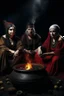 Placeholder: The three witches from macbeth dressed as Spanish gypsies sitting around a streaming cauldron