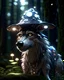 Placeholder: angry cyborg wolf with a mage hat and mushrooms growing from it, background blurred for a elf forest at night, high detailed, 8k, fantasy, rpg