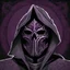 Placeholder: warlock, black mask with ash purple patterns, black robe with ash purple patterns, dark, ominous, ash purple, grey background