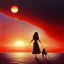 Placeholder: A painting of a woman and a dog walking on a beach at sunset with the red sun in the background, inspired by Chris Moore, inspired by Henry Macbeth-Rayburn, bloody sunset, looking out into the Red Ocean, acrylic and oil painting, with sunset, watching the sunset, 'a lonely dark figure'' !!, inspired by Dave Kendall, epic red - orange moonlight, acrylic painting on oiled canvas