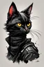 Placeholder: create a wild caricature of a grizzled streetwise cyberpunk female mercenary Black cat, highly detailed with refined feline features in the cartoon caricature style of Gerald Scarfe , precisely drawn, boldly inked, vividly colored, 4k