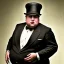 Placeholder: A portrait of a 1930s Italian-American businessman in his late 20s with a black bowler hat and a suit. He is obese and has black hair