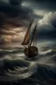 Placeholder: A real photographic landscape Super wide ,Ominous sky , Sailing boat , Wooden boat, Lotus , Huge waves,