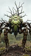 Placeholder: A dynamic front view showcasing the fusion of organic and Neumorphic elements, depicting a fully Branch-backed treehopper mecha-treehopper. Its intricate mechanisms are driven by interlocking branch and complex mechanical gear embedded throughout its massive frame. mist-leaf idle