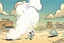 Placeholder: mostly sky, ground line at bottom, small cartoon character on the bottom right running towards the right side, leaving behind a cloud of dust. style of looney toons cartoon