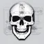 Placeholder: FLAT VECTOR LAYERED IMAGE OF CYBERNETIC SKULL PARTS IN A SCHEMATIC, BLACK AND WHITE, AUTOCAD, FINE LINE BLUEPRINT,