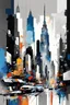 Placeholder: abstract painting: city skyline buildings, gray-black-white-blue colors New York. DEREK GORES, Willem Haenraets artistic style, datailed -high resolution, Afremov, colorful in Kal Gajoum style