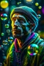 Placeholder: hyper real oil painting portrait of jugglar in slimy bubbles and gelatinous background, zeiss prime lens, bokeh like f/0.8, tilt-shift lens 8k, high detail, smooth render, down-light, unreal engine, prize winning