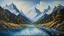 Placeholder: A realistic oil painting of majestic mountains with blue slopes and intricate details, capturing the essence of natural beauty., The mountains with blue slopes laugh and below in the water the fish cry and all the water is their tears