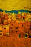 Placeholder: A yellow short city with battery shaped buildings painted by Vincent van Gogh