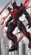 Placeholder: A close picture to Mix between transformers and batman and symbiote venom in solo leveling shadow art style with red details detailsis in fantasy world
