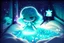 Placeholder: Cute chibi bioluminescent woman in holographic dress in sleeping room in starshine