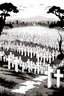 Placeholder: landscape, open air flat cemetery with thousand crosses, manga style, grayscale