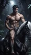 Placeholder: Hyper Realistic shirtless handsome muscular prince with short black hair sitting on a black horse with white hair in a dark jungle with big growling crystals at a dark night