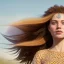 Placeholder: One beautiful portrait of on woman goddess of love and compassion beautiful with lot's of grain on her skin, blue eyes, with natural hair floating in the wind smiling facing camera, dress with celtic shapes and patterns orange color scheme, high key lighting, volumetric light high details with white stripes and feathers unreal 5, octane render, cinema4d, dynamic lighting, dramatic lighting, 4k, redshift render, highly detailed, hyper realistic, backlight, sunset