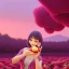 Placeholder: pixar style, volumetric pink sky environment and background, volumetric lighting, dramatic lighting, realistic painting of an strawberry and a beautiful woman eating marmelade, looking friendly, detailed digital painting, extreme dense and fine fur, anime, ornate, colour-washed colors, elegant, small minutiae, tiny features, particulars, centered, smooth, sharp focus, renderman gofur render, 8k, uhd, detailed eyes, realistic shaded volumetric lighting, caustics, backlight