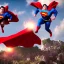 Placeholder: flying female pig with superman cape looks at zombies without capes climbing up a mountain, realistic, movie style