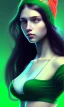 Placeholder: girl, cute, beautiful, long hair, wavy hair, green hair, blue eyes, green beanie, green bra,big titts, black tee shirt, head and shoulders portrait, 8k resolution concept art portrait by Greg Rutkowski, Artgerm, WLOP, Alphonse Mucha dynamic lighting hyperdetailed intricately detailed