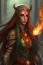 Placeholder: Female eladrin druid that has fire abilities. Long fire hair, Scar on the face after battles, scar after a big animal