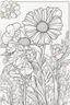 Placeholder: flowers coloring page for kids, marigold, cartoon style, thick outline, low details, no shading, no color