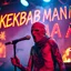 Placeholder: a very thin swedish man, with a skimask with only a hole for the mouth (no eyes), he is called "KEBAB MAN" performing at death metal club, his name is "KEBAB MAN" kebab rolls On stage, kebab Neon lights and smog, and "KEBAB MAN" big sign on the wall, kebab tribal tattooes, spinning kebab machines, flames and smoke, chaos, he singing with mic,