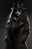 Placeholder: Gangster girl in dark hat, glasses, long coat, full figure.