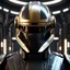 Placeholder: star wars bald male corellian pilot wearing pearlescent black and gunmetal grey First Order special forces heavy assault armor and helmet with gold trim inside the jedi temple, centered portrait, hyperdetailed, dynamic lighting, hyperdetailed background, 8k resolution, volumetric lighting, light skin, fully symmetric details