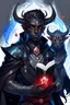 Placeholder: En Young male black skin tiefling fra dnd holding a book with Arcane Magic in a silver and White Rope. His horn a perfectly place on acet from the front to the back pointing upwards with glowing Red cat Eyes glowing Blue Arcane Magic around them ice crystals flowing around him. His close is elegant get simple. A adorable black cat with red eyes Sitting on his Shoulder