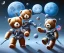 Placeholder: little boy and big teddy bears on moon. oil on canvas