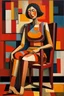 Placeholder: painting of a tired woman sitting on a chair, cubist vibe, sleeveless, oilpaint, variations around female, scarlet and orange blast color dynamics, 1970s philippines, family portrait,centre composition, viet aspect