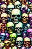 Placeholder: a field of 1000s of cartoonish, anatomically correct, skulls, vivid RANDOM BRIGHT neon colors, dark comedy, well lit, high detail, photorealistic, horrorcore, fun, scary, none featured, each a different color or hue,